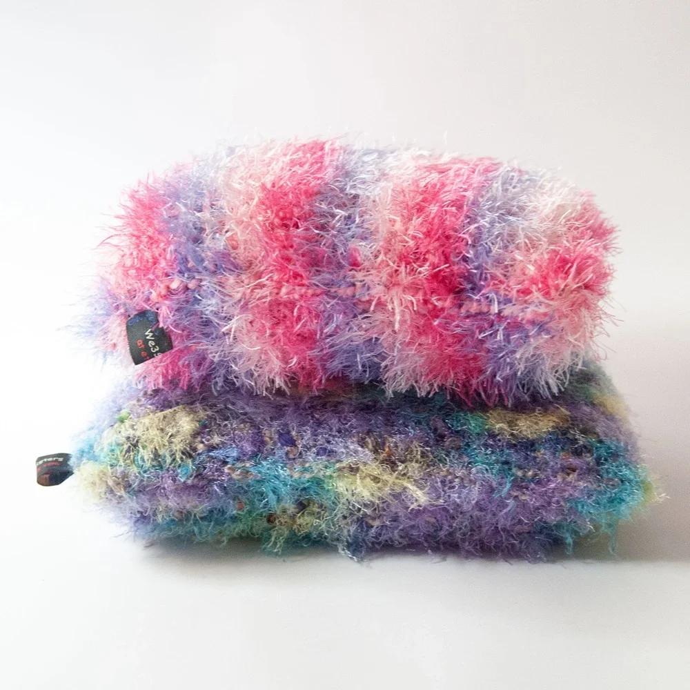 Set of 2 Handmade Knit Fuzzy Fringe Eyelash Yarn Small Throw Pillows